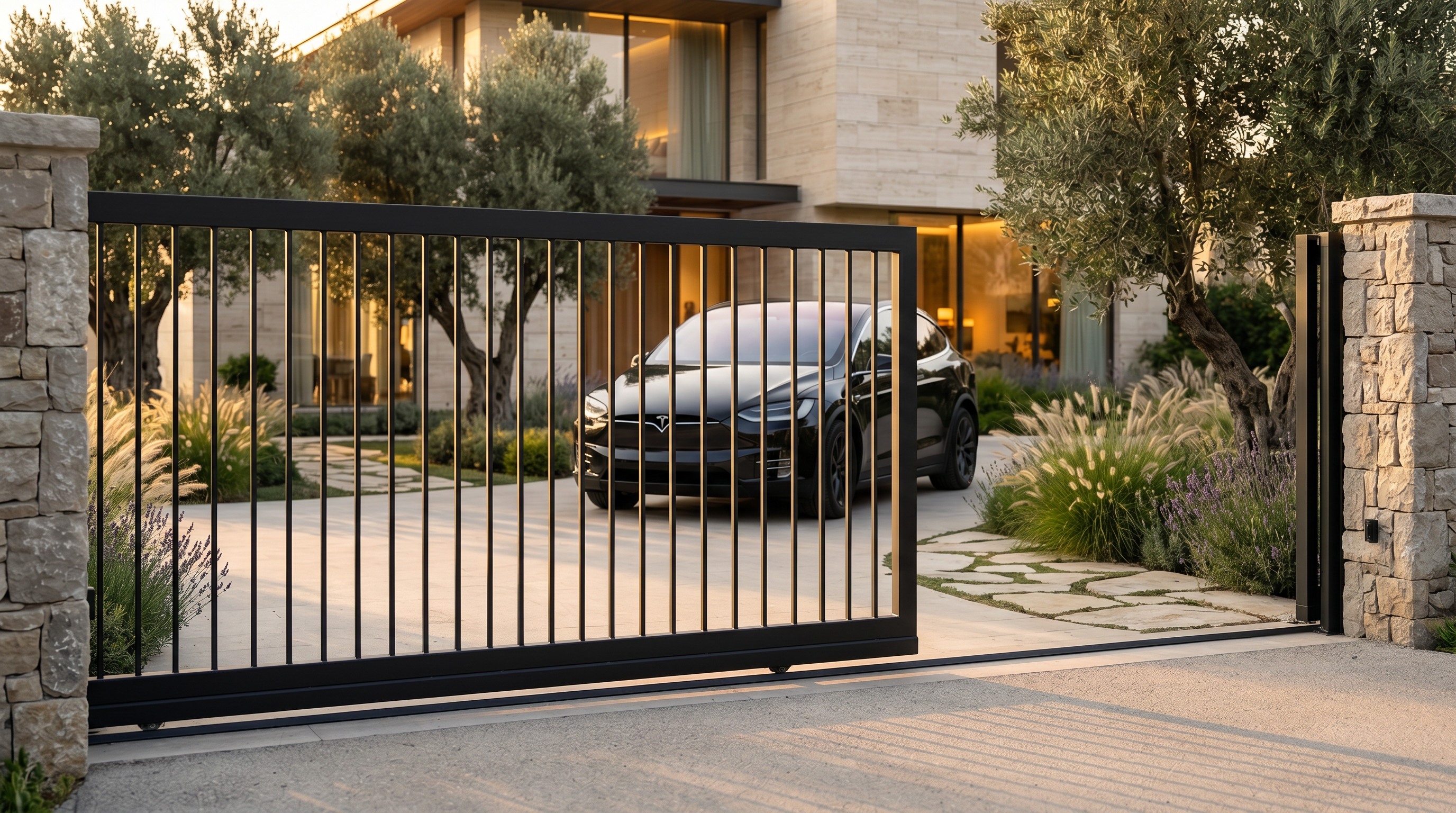 Villa girişinde otomatik raylı kapı ve araç geçiş alanı