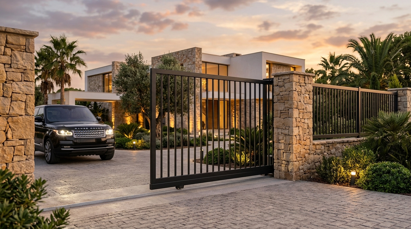 Modern villa girişinde siyah raylı kapı uygulaması